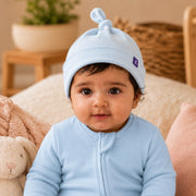 Soft Cotton Newborn Hat in Powder Blue – alternate view