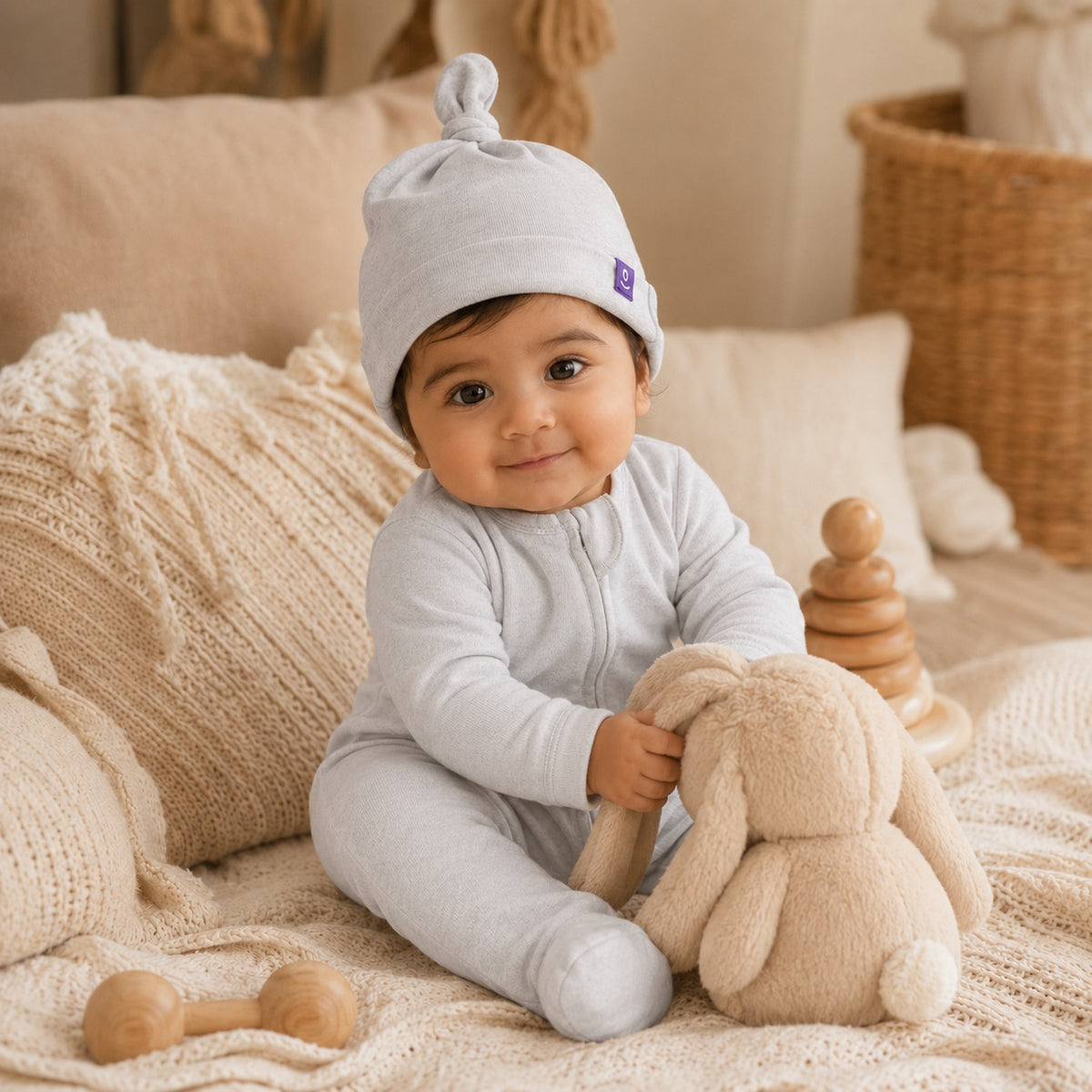Soft Cotton Newborn Hat in Cloud Grey – alternate view